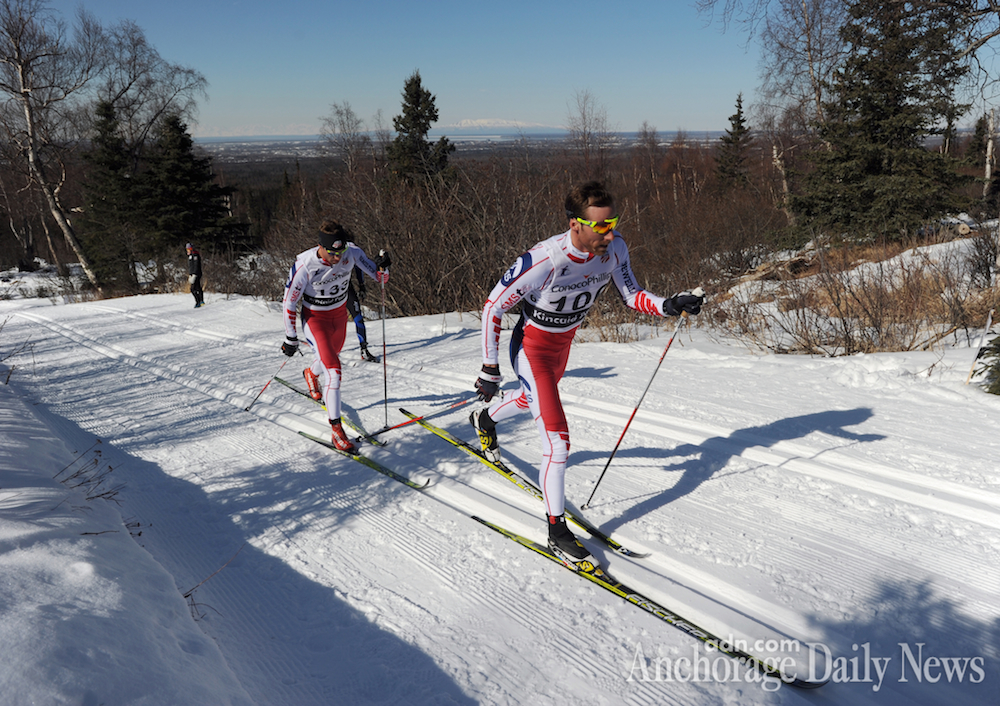 Teammates on the U.S. Ski Team and Stratton Mountain School T2 Team, Andy Newell leads Simi Hamilton on one of several hills on the Spencer Loop in the 50 k classic at U.S. Distance Nationals in Anchorage, Alaska. (Photo: Erik Hill/Anchorage Daily News)