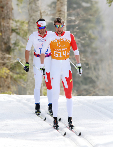 Canadian Brian Mckeever and guide Erik Carleton compete in the cross-country men's 20 k visually impaired classic race at the Sochi 2014 Paralympics in Sochi, Russia. Mckeever went on to win gold. (Photo Scott Grant/Canadian Paralympic Committee)