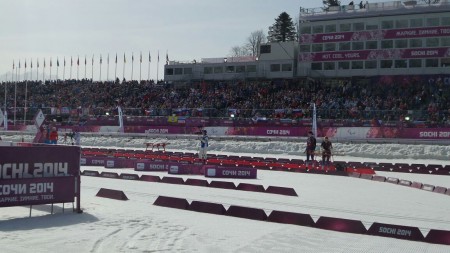 A packed cross country stadium at the 2014 Winter Paralympic Games sprint races.