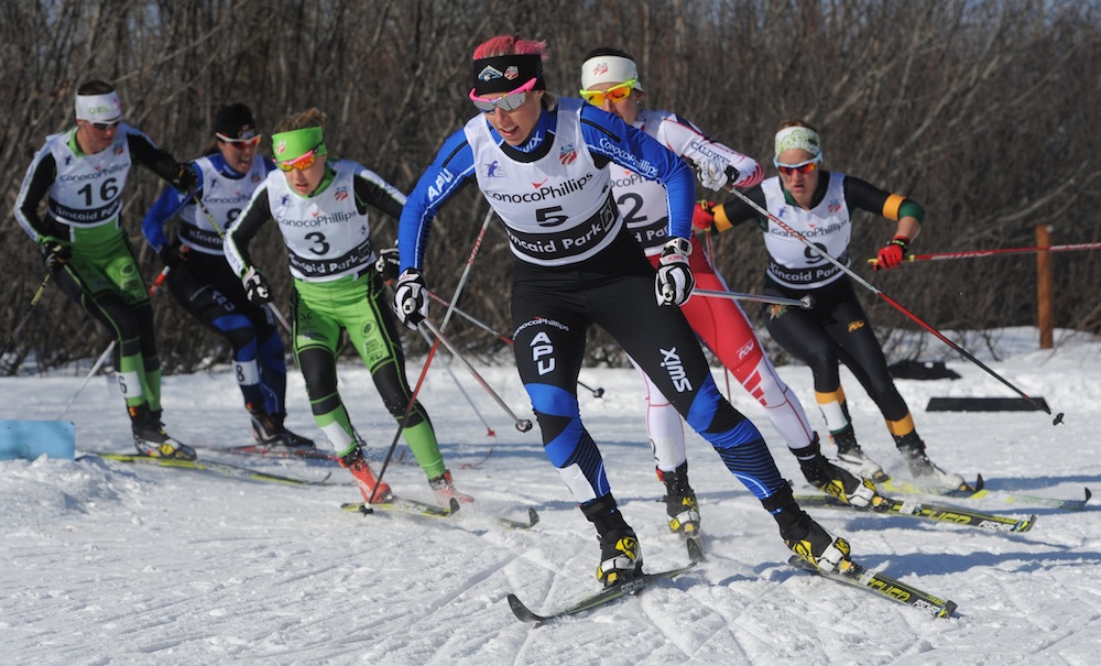 Kikkan Randall leads a semifinal heat at Sunday's SuperTour Finals classic sprint race at Anchorage's Kincaid Park. Photo, Bill Roth, Anchorage Daily News