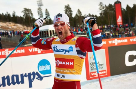 Martin Johnsrud Sundby celebrates his victory in the 15 k freestyle pursuit in Falun, Sweden