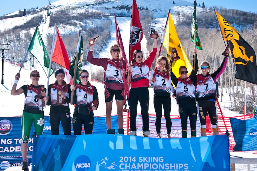 The women's podium in the 15 k freestyle mass start at the 2014 NCAA Championships in Park City, Utah. The University of Denver won the its 22nd NCAA title on Saturday. (Photo: http://bertboyer.zenfolio.com) All proceeds from photo sales will be directly donated to NNF.