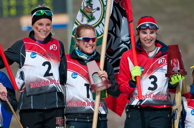 The women's podium in today's 5 k classic at the 2014 NCAA Championships in Soldier Hollow. In first is Anja Gruber (UVM), second is Sylvia Nordskar (DU) and third is Eva Severrus (UNM). (Photo: Bert Boyer http://bertboyer.zenfolio.com) All proceeds from photo sales will be directly donated to NNF.