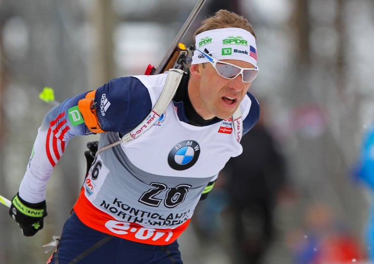 Lowell Bailey racing to his first career World Cup podium in Saturday's 10 k sprint in Kontiolahti, Finland. (Photo: USBA/Nordic Focus)