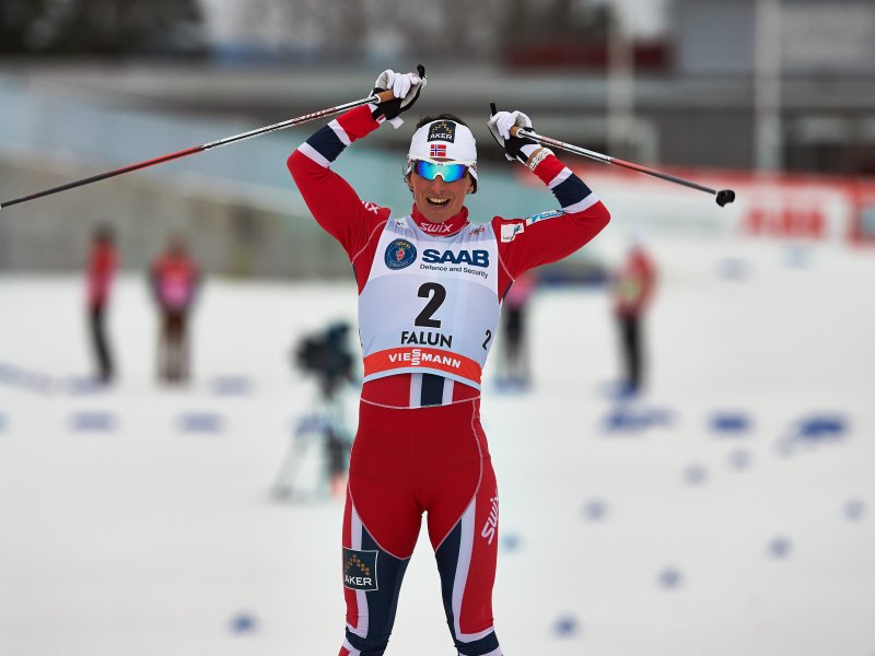 Norway's Marit Bjorgen celebrates after winning the sprint at the World Cup Finals in Falun, Sweden. (Photo: Fischer/Nordic Focus)