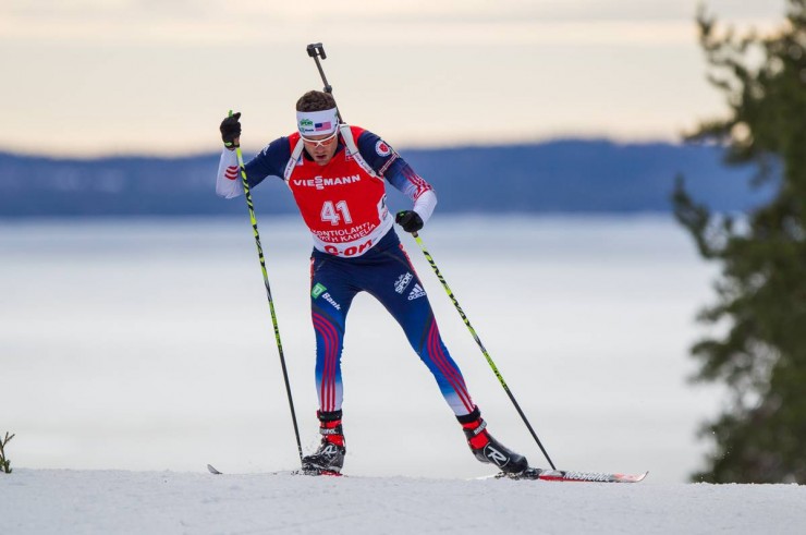 Tim Burke crests a hill in today's 10 k sprint in Kontiolahti, Finland. (Photo: US Biathlon/NordicFocus)