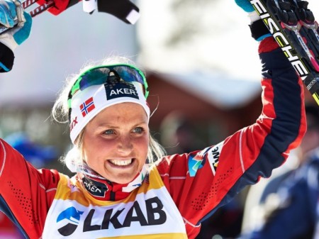 Norway's Therese Johaug celebrates a nearly 30-second victory over teammate Marit Bjørgen in the World Cup Finals 10 k freestyle pursuit on Sunday in Falun, Sweden, which sealed Johaug's first overall World Cup title. (Photo: Fischer/Nordic Focus)