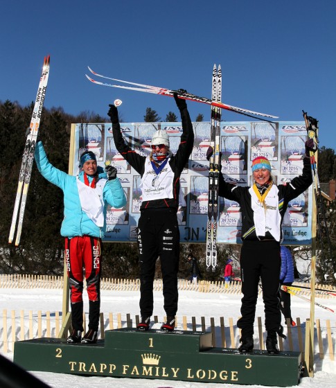 The U16 women's 5 k classic podium on Monday at  2014 Junior Nationals in Stowe, Vt., with winner Hailey Swirbul (c) of Aspen Valley SSC/Far West, runner-up Leah Lange (l) of Park City NSC/Intermountain, and Hannah Halvorsen (Sugar Bowl Academy/Far West) in third. (Photo: Mark Nadell/MacBeth Graphics)