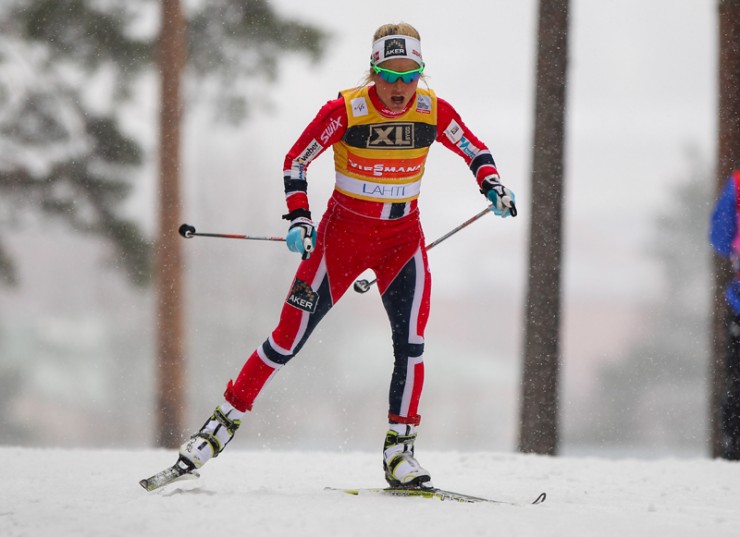 After posting the fastest split times for more than the first half of Sunday's 10 k freestyle individual start, Therese Johaug of Norway finished third, more than 27 seconds behind teammate Marit Bjørgen (not shown). (Photo: Fischer/Nordic Focus)