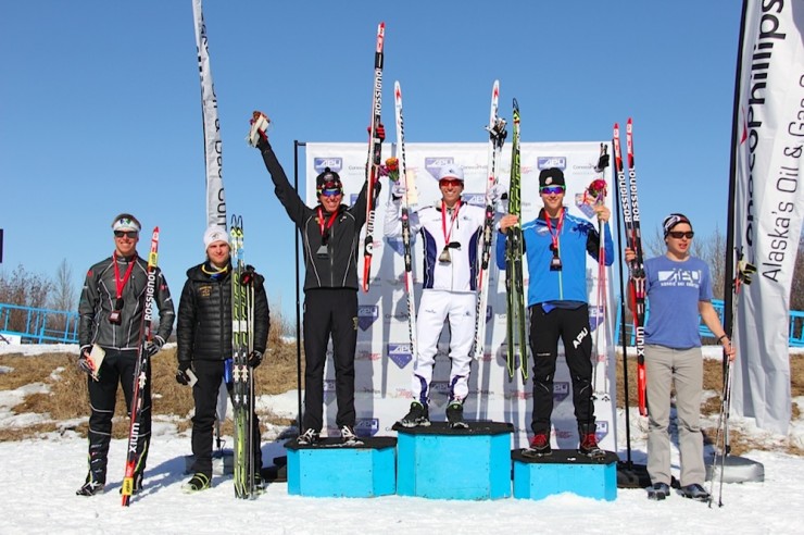 The men's 15 k freestyle individual start podium at SuperTour Finals in Anchorage, with winner Noah Hoffman (c), runner-up Scott Johnston (third from l) and Erik Bjornsen (second from r) in third.(Photo: Rob Whitney)