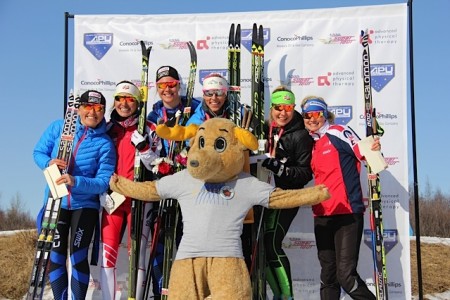 The all-U.S. Ski Team women's classic sprint podium (from left to right) Holly Brooks in sixth, Sophie Caldwell in fourth, Sadie Bjornsen in second, Kikkan Randall in first, Ida Sargent in third, and Jessie Diggins in fifth. (Photo: Rob Whitney)