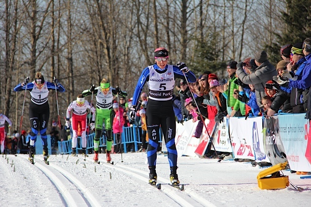Kikkan Randall celebrates her second win in as many races at 2014 SuperTour Finals with a classic-sprint win on Sunday in Anchorage, Alaska. (Photo: Rob Whitney)