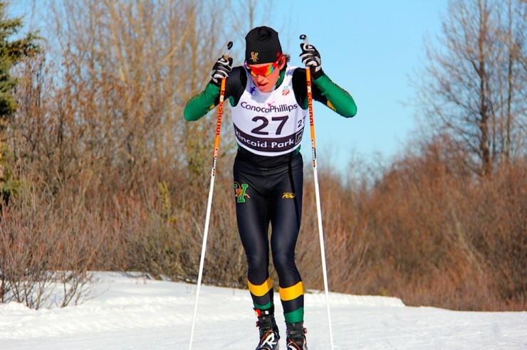 University of Vermont senior Scott Patterson racing to second in Saturday's 15 k freestyle at SuperTour Finals in Anchorage, Alaska. (Photo: Rob Whitney)
