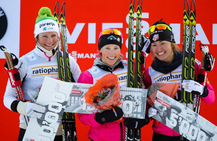 The women's World Cup freestyle sprint podium in Lahti, Finland, with winner Kikkan Randall (c) and Sophie Caldwell (r) in third for the U.S., and Slovenia's Katja Visnar in second (l). (Photo: Fischer/Nordic Focus)