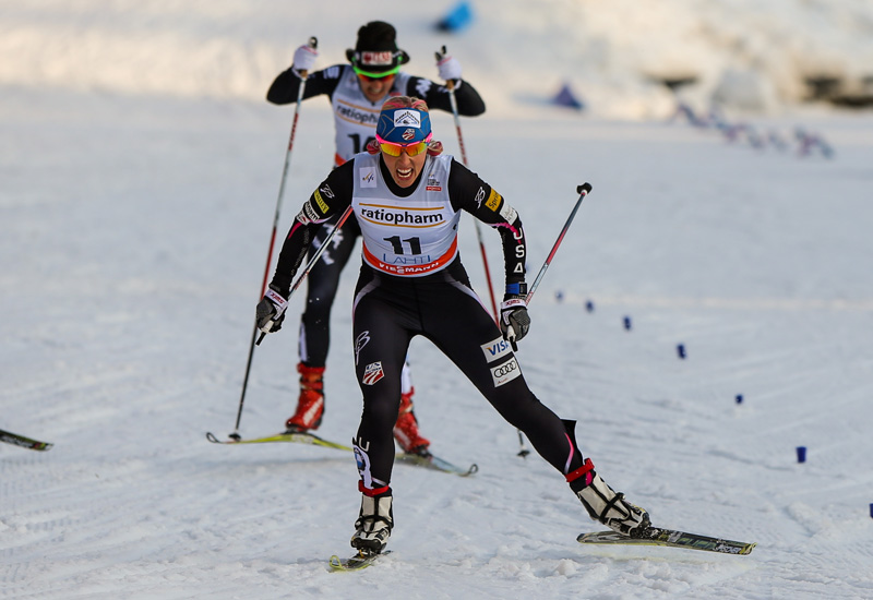 Kikkan Randall (U.S. Ski Team) racing to a World Cup win in Saturday's freestyle sprint in Lahti, Finland. (Photo: Fischer/Nordic Focus)