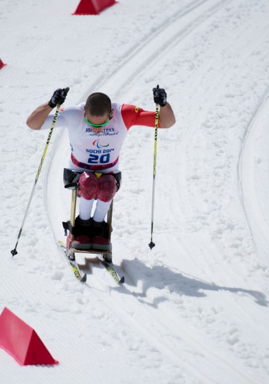 Canada's Chris Klebl racing to gold in the last race of his third Paralympics on Sunday in the cross-country 10 k sit-ski  at the 2014 Paralympic Winter Games in Sochi, Russia.  (Photo: Matthew Murnaghan/Canadian Paralympic Committee)