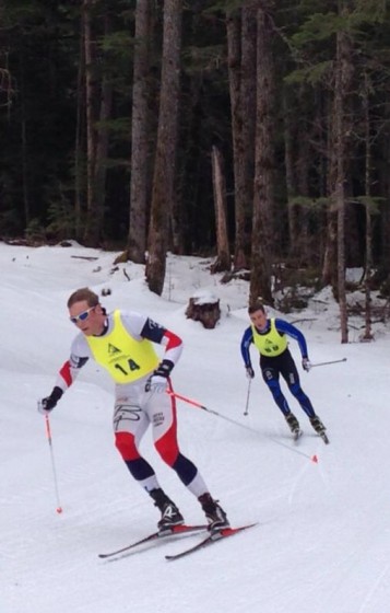 Mark Iverson (Rossignol) leads Reese Hanneman (APU) in the AK Skimeister Challenge on April 5. A runner-up in the inaugural race last year, Iverson went on to win and the defending champ Hanneman took second. (Photo: Girdwood Nordic Ski Club/Facebook) https://www.facebook.com/pages/Girdwood-Nordic-Ski-Club/112569688796600?ref=ts&fref=ts