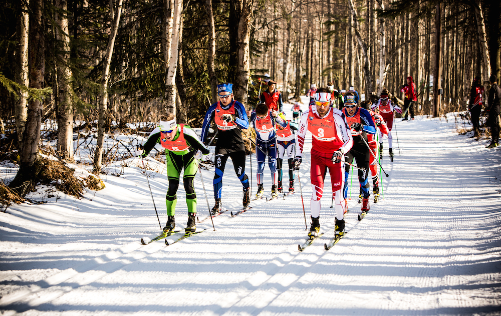 Lex Treinen (4) follows Craftsbury's Pat O'Brien (l) and Stratton's Andy Newell (r) in the mixed relay at U.S. Distance Nationals in Anchorage, Alaska. His team went on to place third. (Photo: Charlie Renfro)
