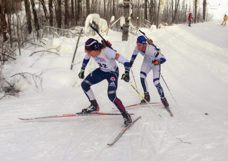Casey Smith chasing Russell Currier in the mass start competition at IBU Cup trials in Mount Itasca, Minnesota in December. Photo courtesy of Casey Smith.