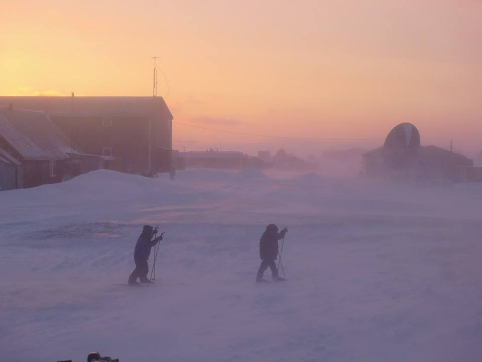 Kids brave a ground blizzard, caused by high winds, in Gambell. Gambell is on St. Lawrence Island, in the Bering Sea.