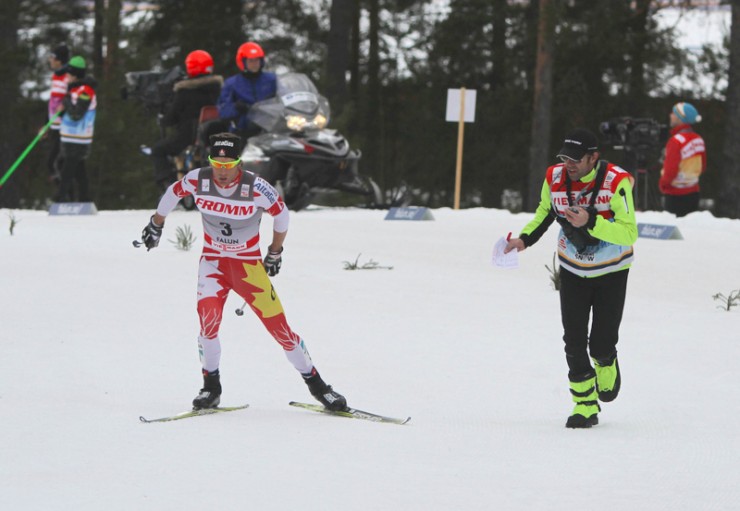 Canadian National Team Head Coach Justin Wadsworth (r) giving splits to Devon Kershaw at 2012 World Cup Finals in Falun, Sweden. Wadsworth will move into a newly formed head coaching role with Cross Country Canada, with an emphasis on overseeing development and national training centers.