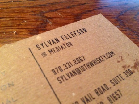 Sylvan Ellefson's new business card for 10th Mountain Whiskey & Spirit Company in Vail, Colo.