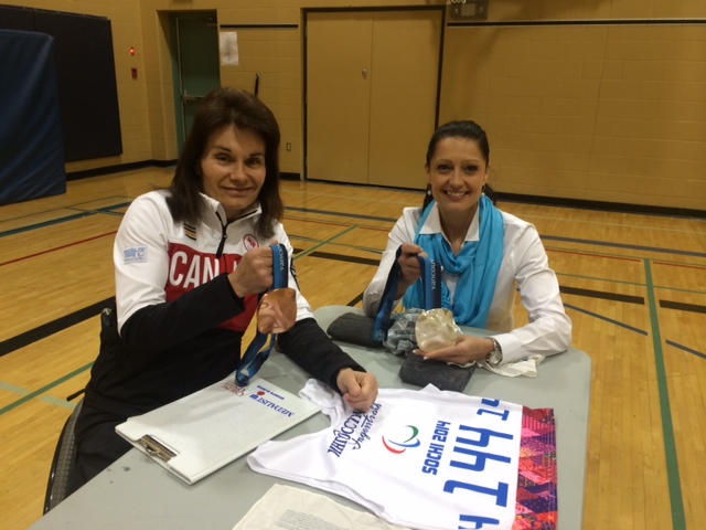 Ten-time Paralympian Colette Bourgonje (l) with Melanie Florizione, vice principal of a school in Regina, Saskatchewan. (Courtesy photo)