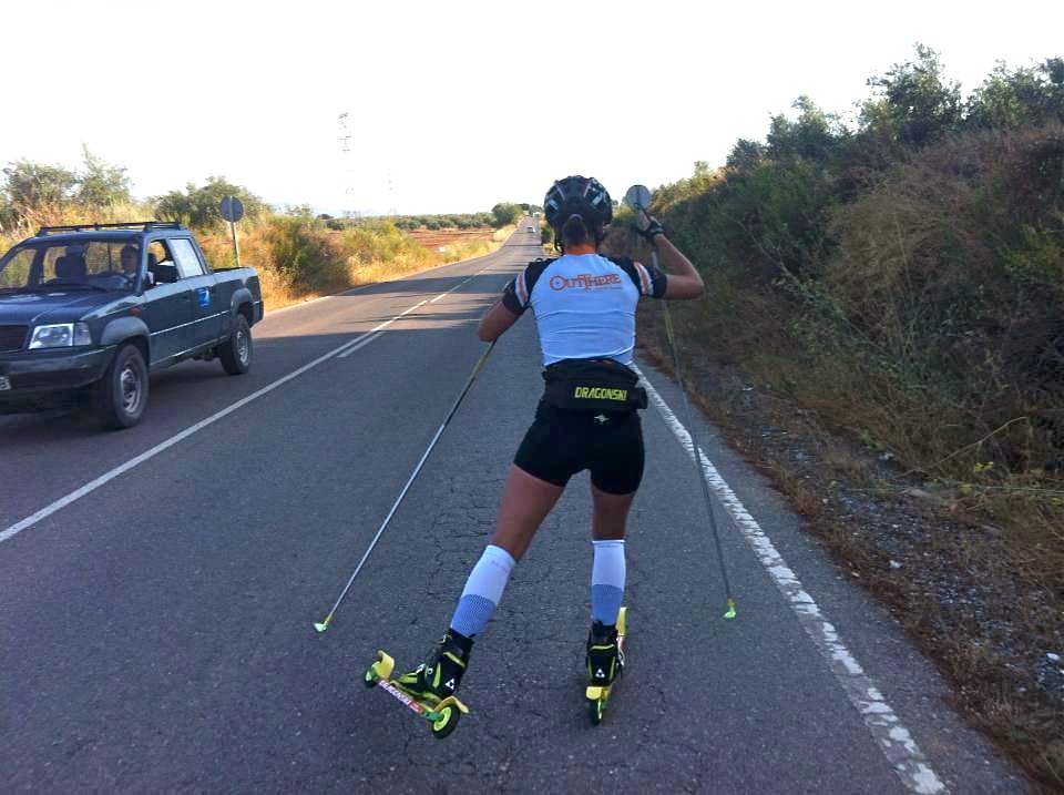 Victoria Hernandez rollerskis in her native Spain while wearing there Out There training kit. Hernandez was the first member of the Out There Biathlon and Nordic Team. The Team now has seven members and aims to support its athletes through a family-like environment. (Photo: Out There/Facebook