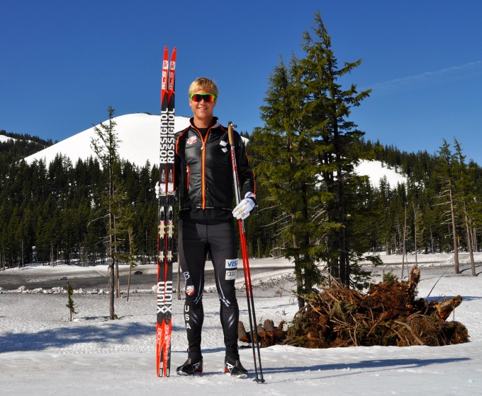 Erik Bjornsen showing off his new Rossignol equipment in Bend. Bjornsen suffered an injury to his back during a double pole interval session, but will be back to full training in a matter of weeks. (Photo: Matt Whitcomb)