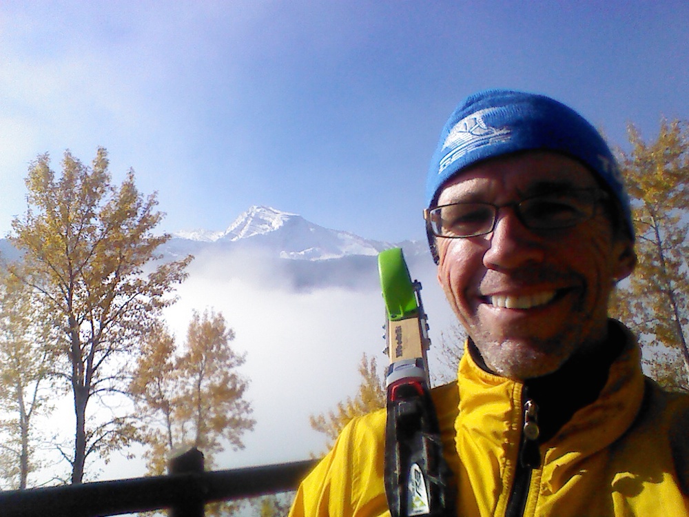 Author Mark Vosburgh and his rollerskis in Glacier National Park, Mont.