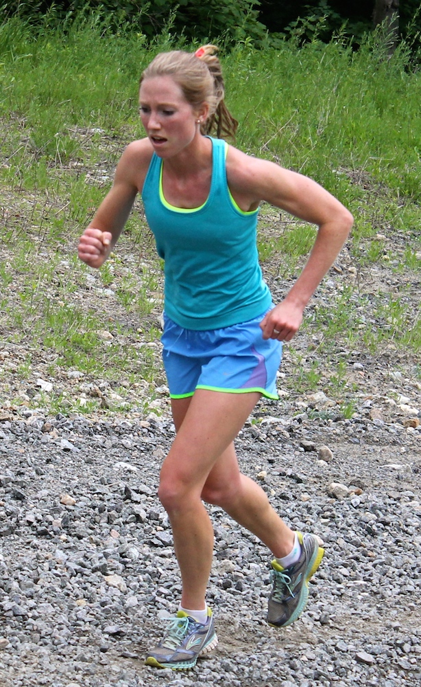 Erika Flowers racing to the fastest women's time in the inaugural Tim Burke Uphill Run Test at Whiteface Mountain.
