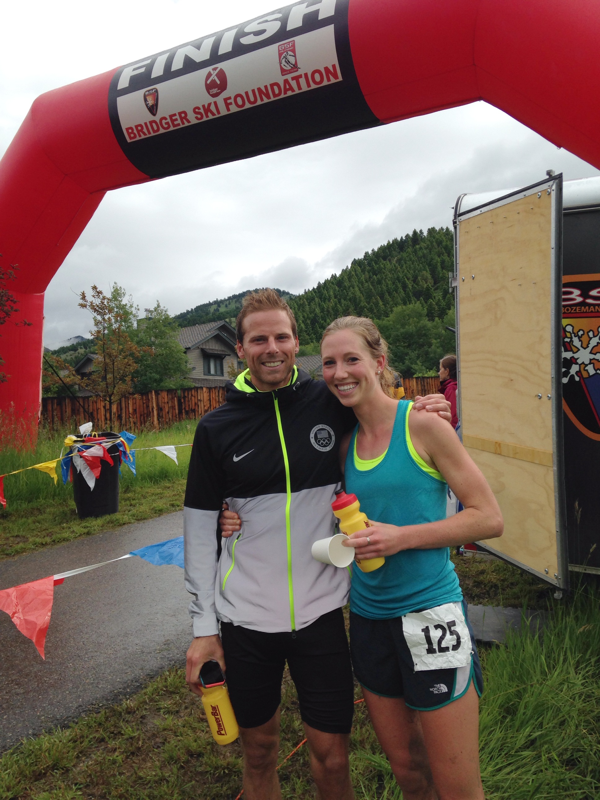 Andy Newell and Erika Flowers, both of the Stratton Mountain T2 Elite Team, pose after both won the Jim Bridger Trail Run in Bozeman, Mont. for their respective genders.