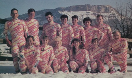 Canada's 1992 Albertville Olympic team: (from left to right) Top: Alain Masson, Dave Wood (Wax Technician), Dany Bouchard, Yves Bilodeau, Darren Derochie, Al Pilcher, Wayne Dustin.  Bottom: Laurent Roux (Head Coach) Jane Vincent, Lucy Steele, Lorna Daudrich, Rhonda De Long, Marty Hall (NST Director),  absent Angela Schmidt-Foster. (Photo: Cross Country Canada)