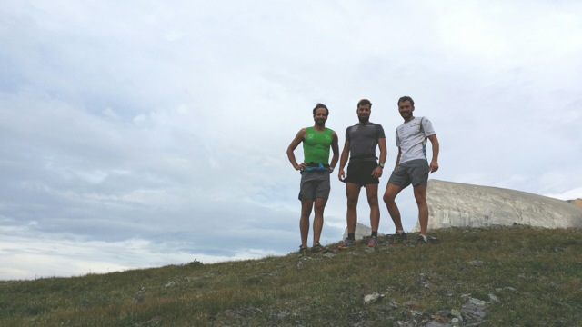 Swiss biathletes Serafin Wiestner (l), Benjamin Weger (c), and Ivan Joller during a trail run to the Three Sister Pass in Canmore, Alberta. (Photo: Benjamin Weger)