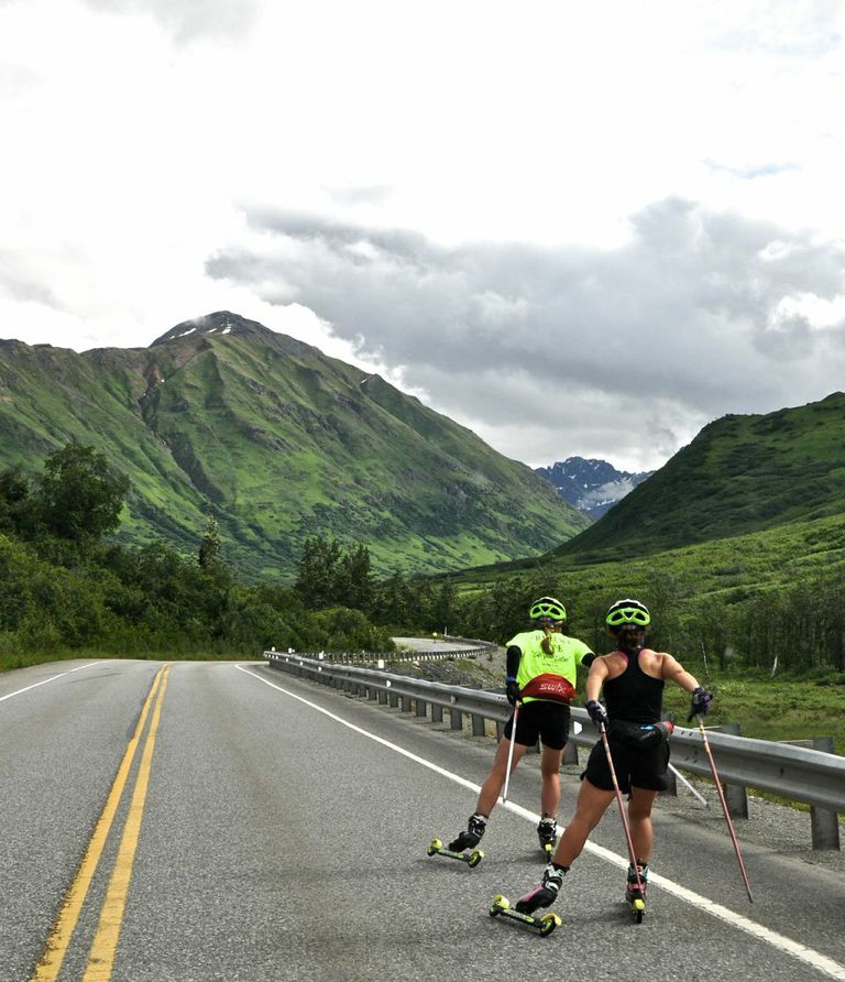 Two members of the North American Women's Training Alliance during a skate rollerski near Anchorage, Alaska. (Photo: Matt Whitcomb)