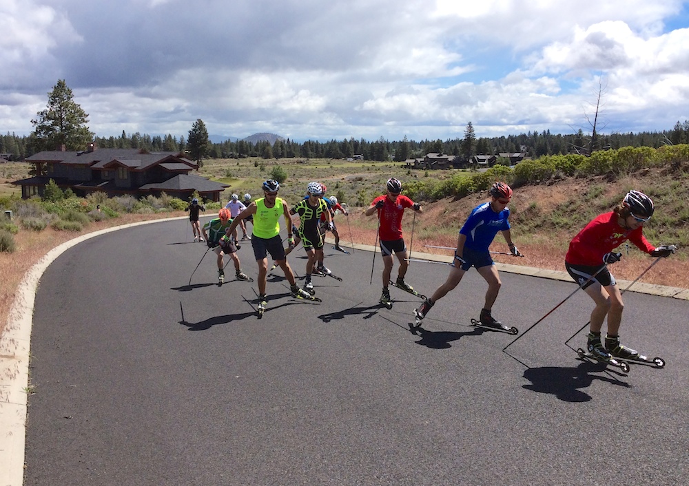 Several Canadians get after a rollerski workout in Bend, Ore. (From right to left) first 5 athletes): Alexis Dumas, Alexis Turgeon, Olivier Hamel, Alex Harvey (black and yellow suit), Lenny Valjas (bright yellow sleeveless top) (Photo: Cross Country Canada)