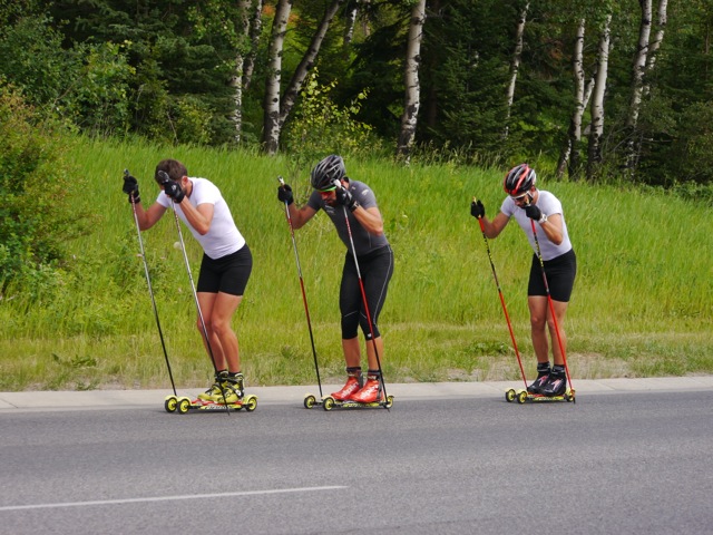 Joller (l), Weger (c) and Wiestner during an uphill, double-pole training workout near Canmore. (Photo: Benjamin Weger)