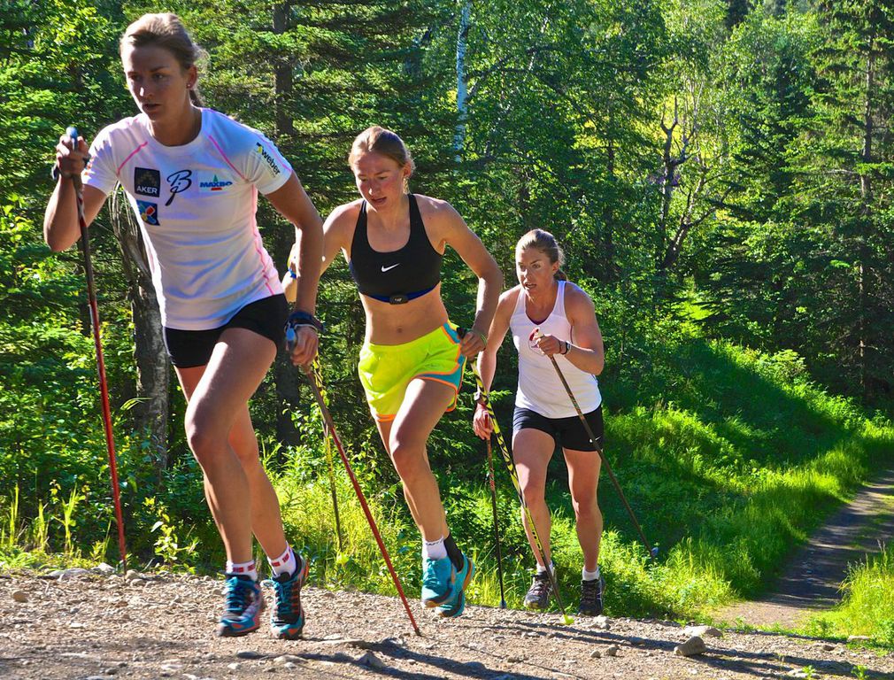 Celine Brun-Lie (l) leads Sophie Caldwell (c) and Rosie Brennan during a dryland session last week in Anchorage, Alaska, part of the North American Women's Training Alliance. (Photo: Matt Whitcomb)  