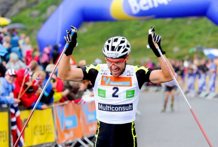 Maurice Manificat of France celebrates his win in the 2014 Blink Festival hill climb. (Photo: Skifestivalen Blink/Facebook)