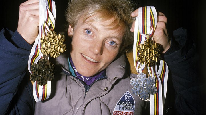 Anette Bøe displays her medals from the 1985 World Championships in Seefeld, Austria. She earned two gold, one silver, and a bronze at the Championships and was crowned Overall World Cup Champion later that year. (Photo: Anette Bøe/Facebook) 