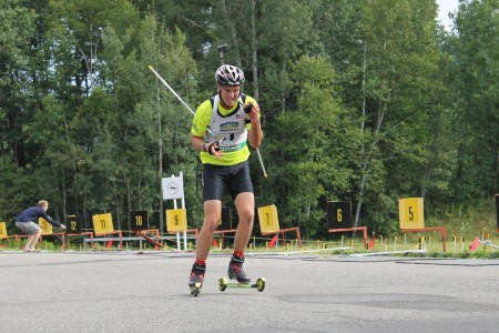 Casey Smith competing in the men's 10 k sprint at the 2014 North American Rollerski Championships.