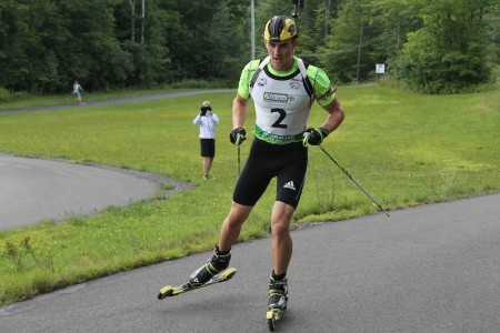 Sean Doherty racing to second in the men's 10 k sprint at the North American Rollerski Championships, also the first set of USBA World Cup trials, on Aug. 16 in Jericho, Vt.