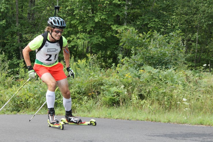 Christian Gow racing the men's 10 k sprint at the North American Rollerski Championships at the Ethan Allen Firing Range in Jericho, Vt.
