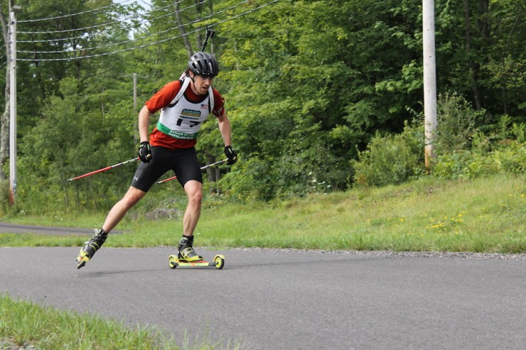 Nathan Smith racing in August in the men's 10 k sprint at the 2014 North American Rollerski Championships in Jericho, Vt.