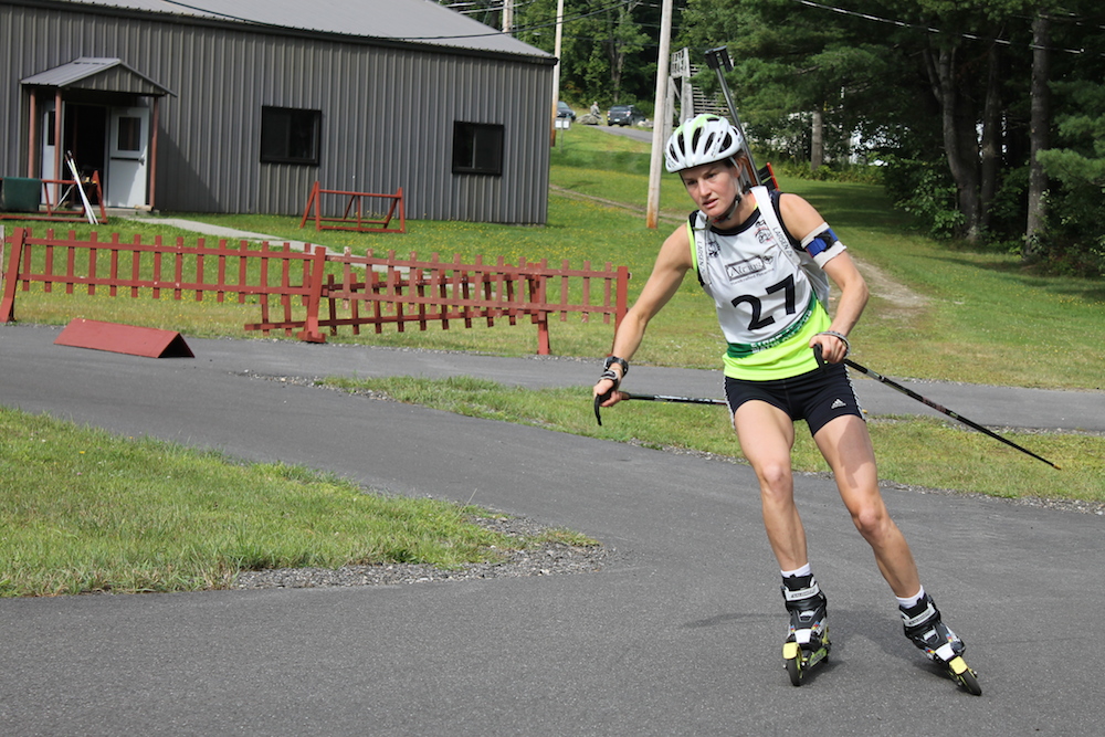 Clare Egan, of the U.S. Biathlon Development team and Craftsbury Green Racing Project, early on in the 7.5 k sprint at the 2014 North American Rollerski Championships at Ethan Allen Firing Range in Jericho, Vt.