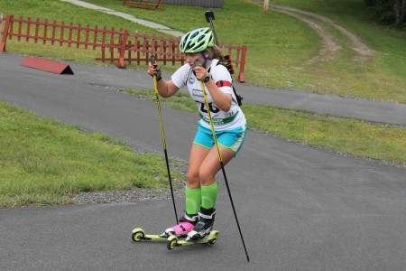 Levins competing in the 2014 North American Rollerski Championships 7.5 k sprint at Ethan Allen Firing Range in Jericho, Vt.