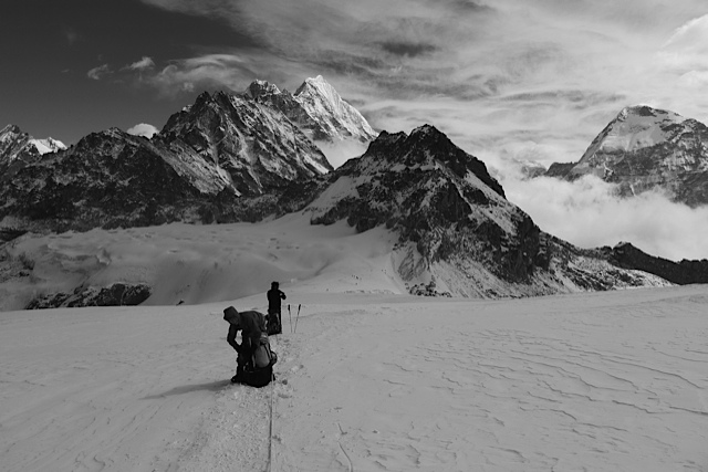 Heading up to high camp on the glacier of Mera Peak, Nepal. (Photo: Devon Kershaw)