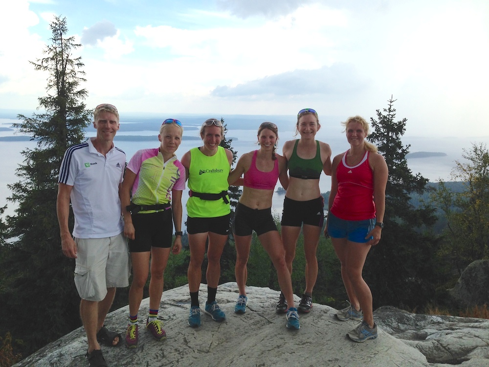 The U.S Biathlon women's team after an uphill interval session up Koli, the highest point in southern Finland, with coach Jonne Kähkönen (l) and his wife (r), who also rollerskied up. (Photo: Jonne Kähkönen)