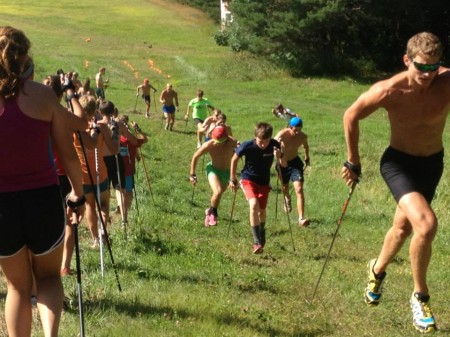 An estimated 60 athletes and coaches attended the 2014 CXC/Loppet Nordic Racing/F.A.S.T. dryland camp in Ironwood, Mich., earlier this summer. Here, athletes were caught in action during a bounding workout. (Photo: Bill Pierce/Facebook)