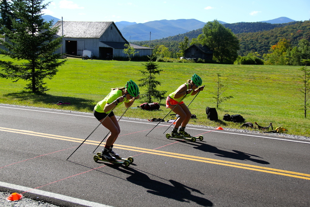 Anne Hart (l) & Erika Flowers (r) work on skate-sprint starts on Aug. 29 at the U.S. Ski Team dryland camp in Lake Placid, N.Y. (Photo: Bryan Fish)